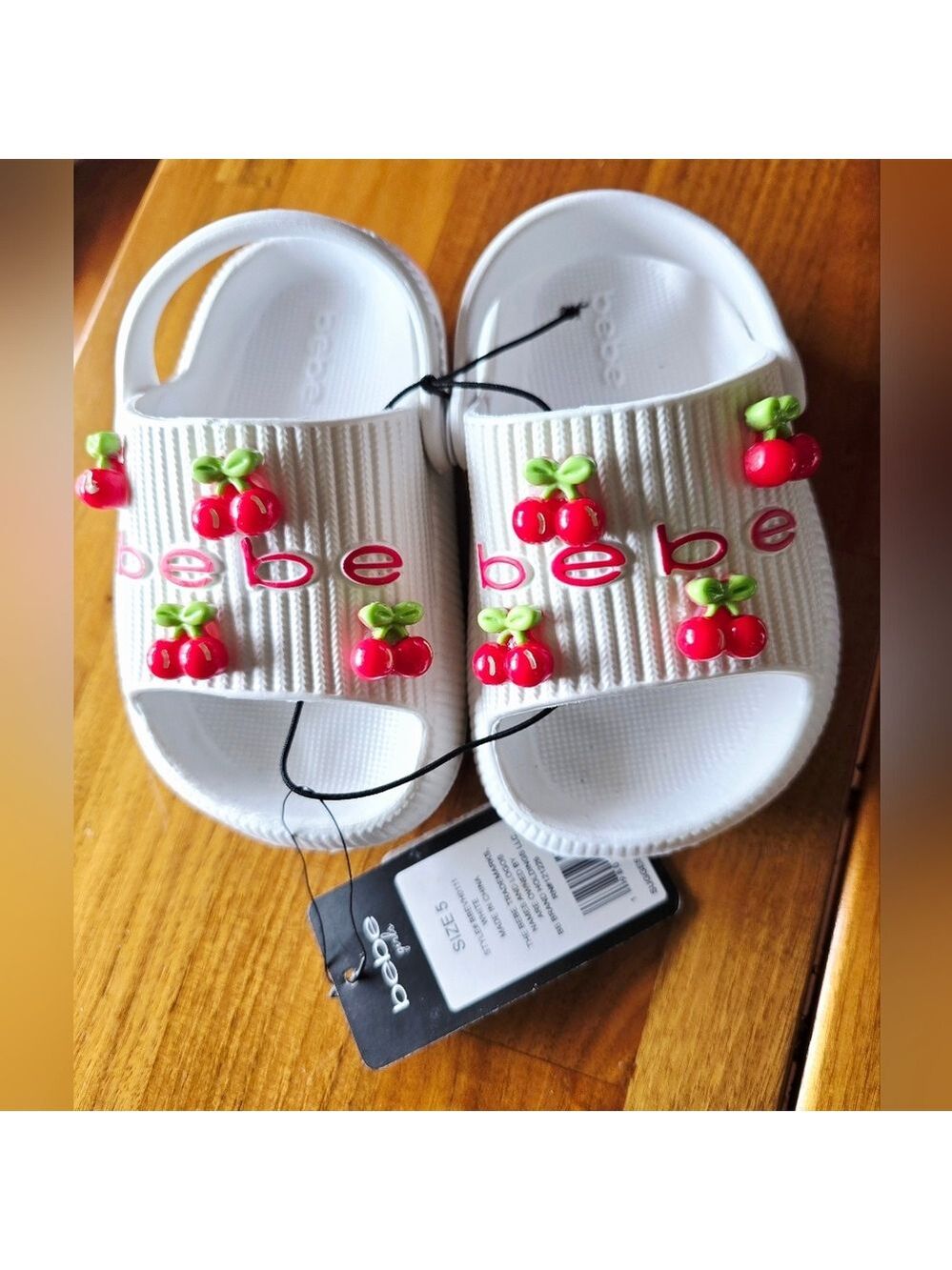 NEW! Bebe Girls White Sandals Slides with Red and Green Cherry Details Size 5